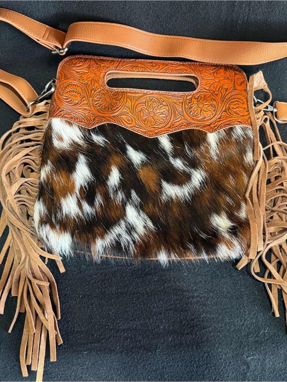 Tooled Leather & Cowhide Fringe Hobo Bag - Brown/White